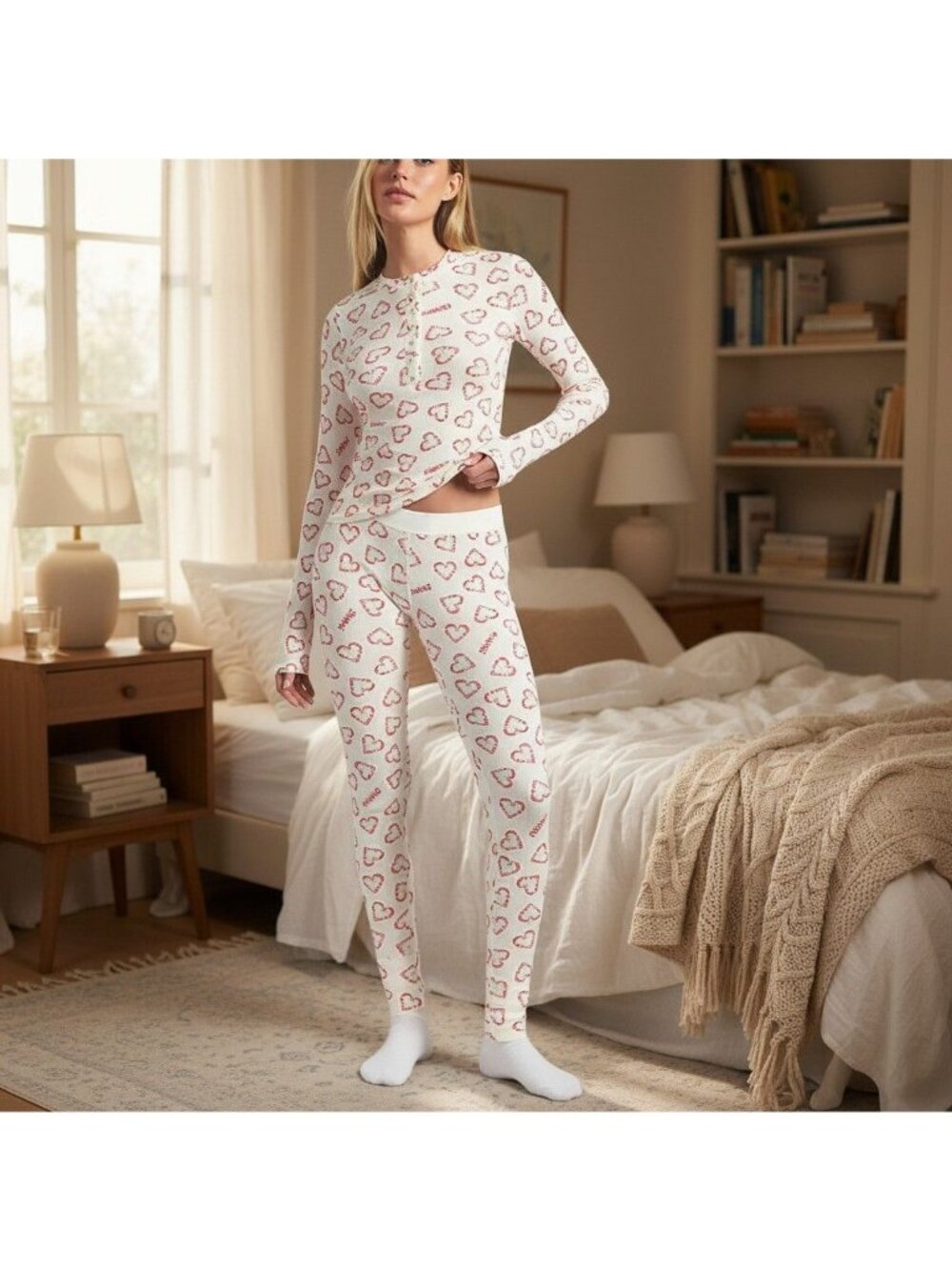 New! SKIMS 2X SKIMS Cotton Rib Henley & Leggings Set in Marble Candy Heart print